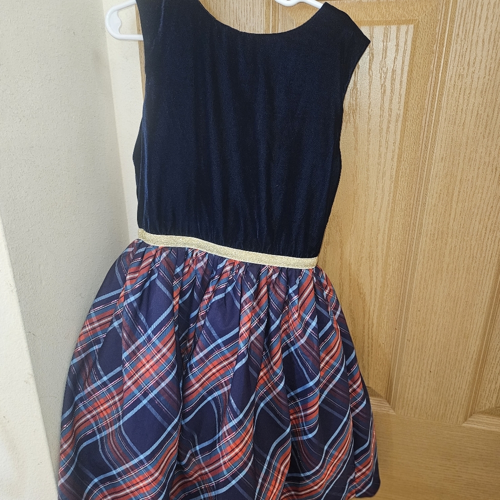 Mini Boden Blue Velvet Plaid Holiday Dress 9-10